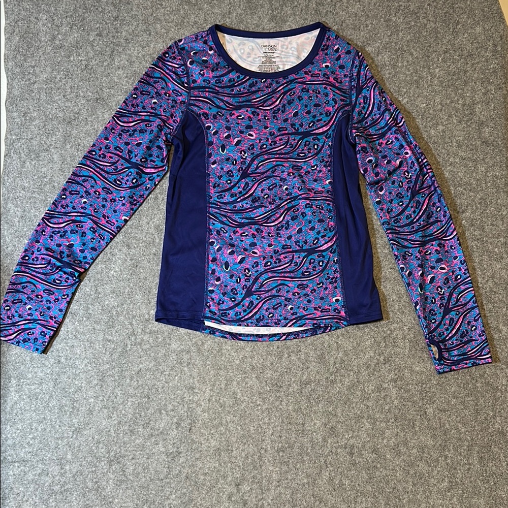 Danskin Now Women’s Size XL Drimore Blue Pink and Purple Athletic Top Thumbhole